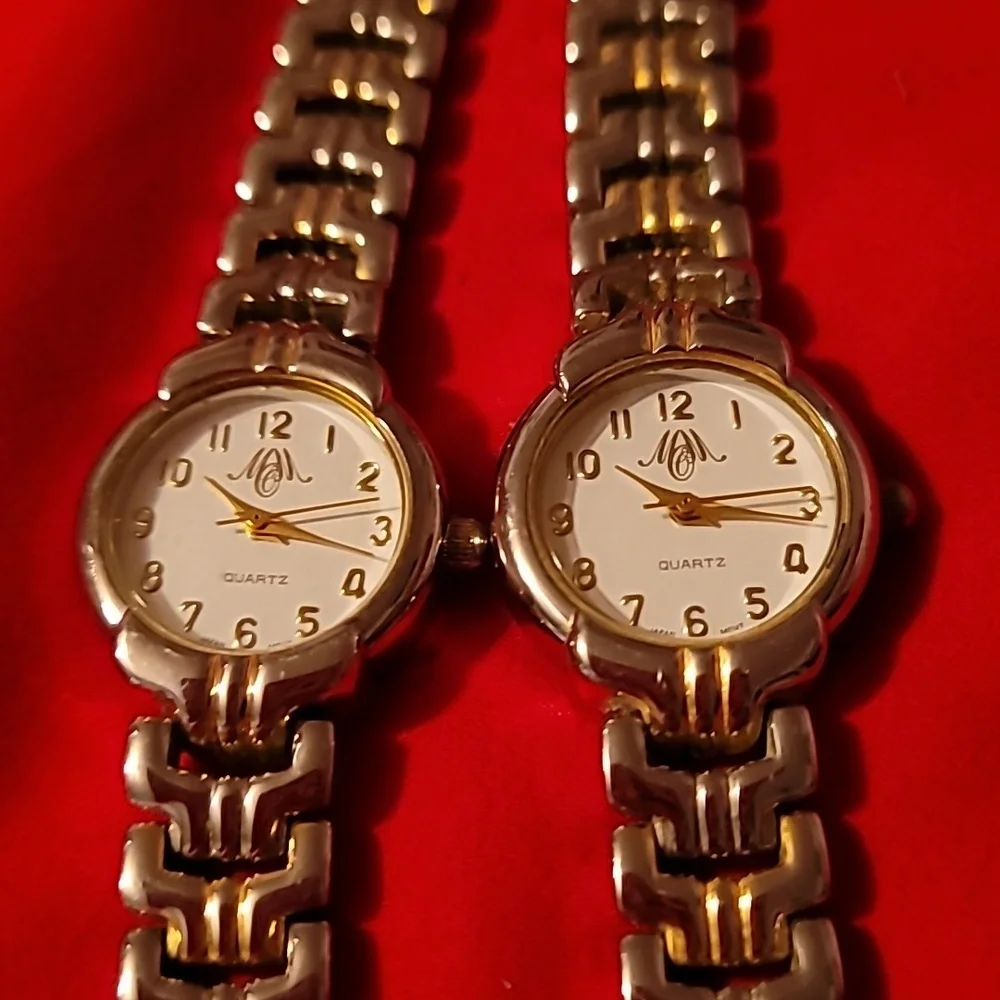 2 MCM or MOM Ladies Watches Silver & Gold‎ Metal Bands White Faces Twin Watch